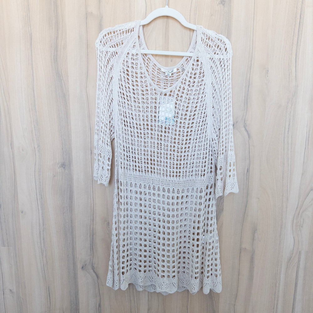 Simply Noelle Crochet Tunic Top L/XL Cream Open Knit Coastal Boho Festival Beach